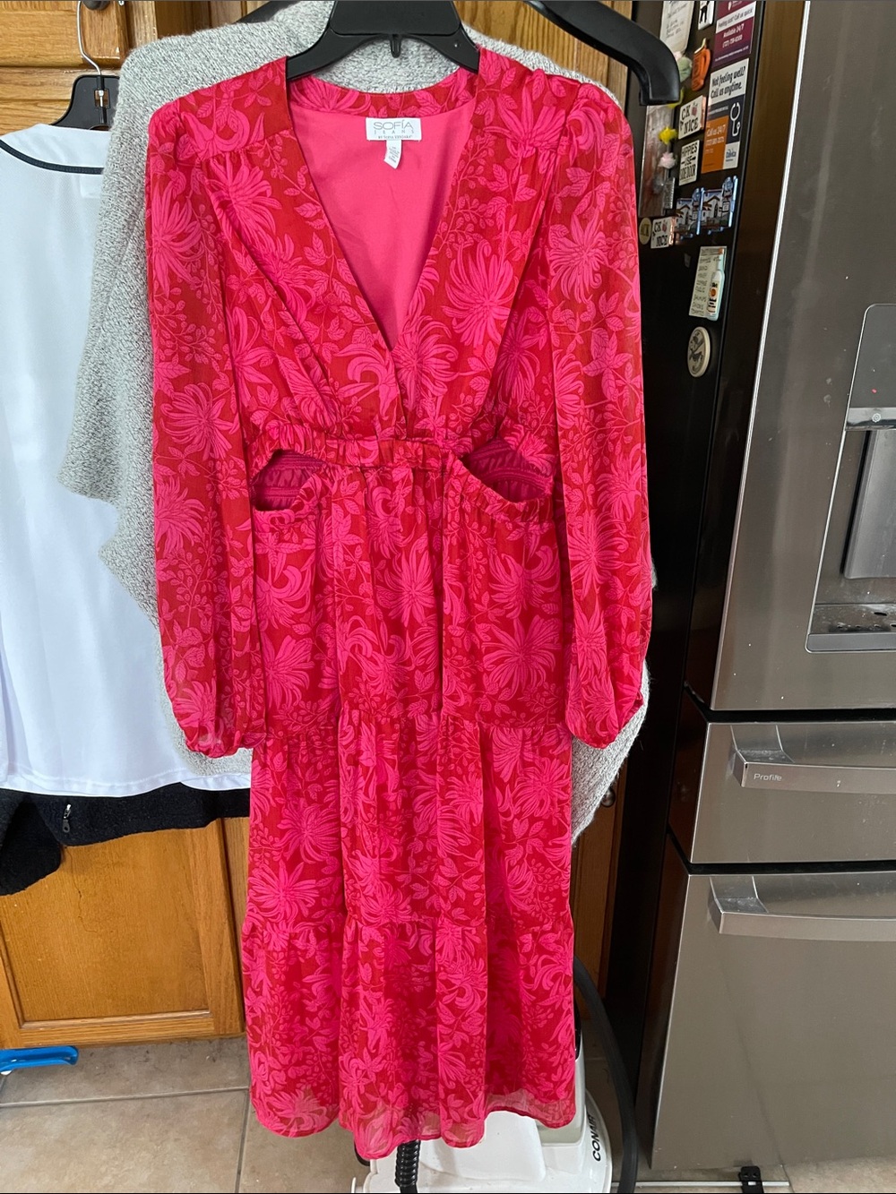 Sofia Jeans Women Cutout Maxi Dress Red Pink Floral Medium